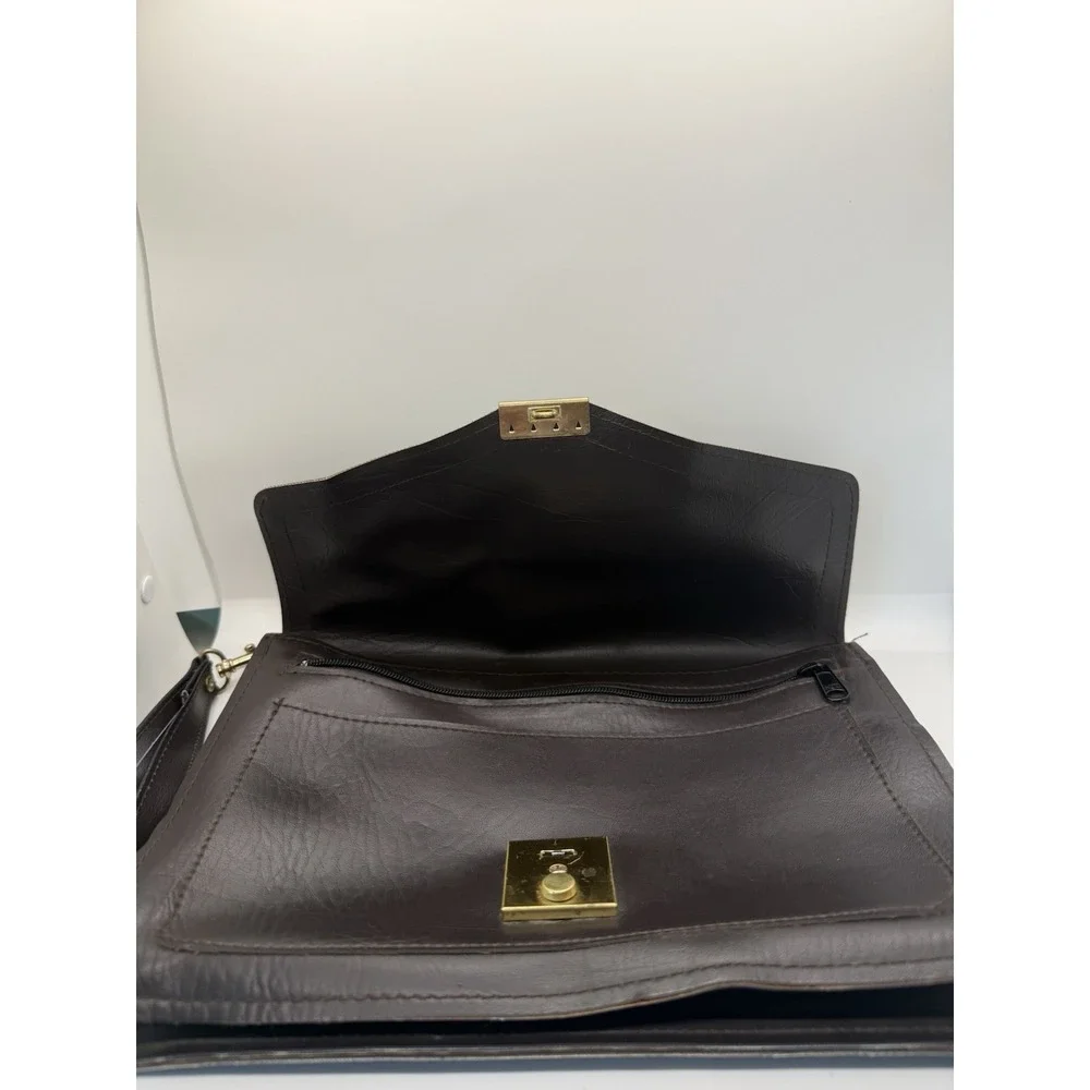 VTG Brown Leather Briefcase Gold Tone Lock & Key 12x8 Slim Portfolio Attache Bag